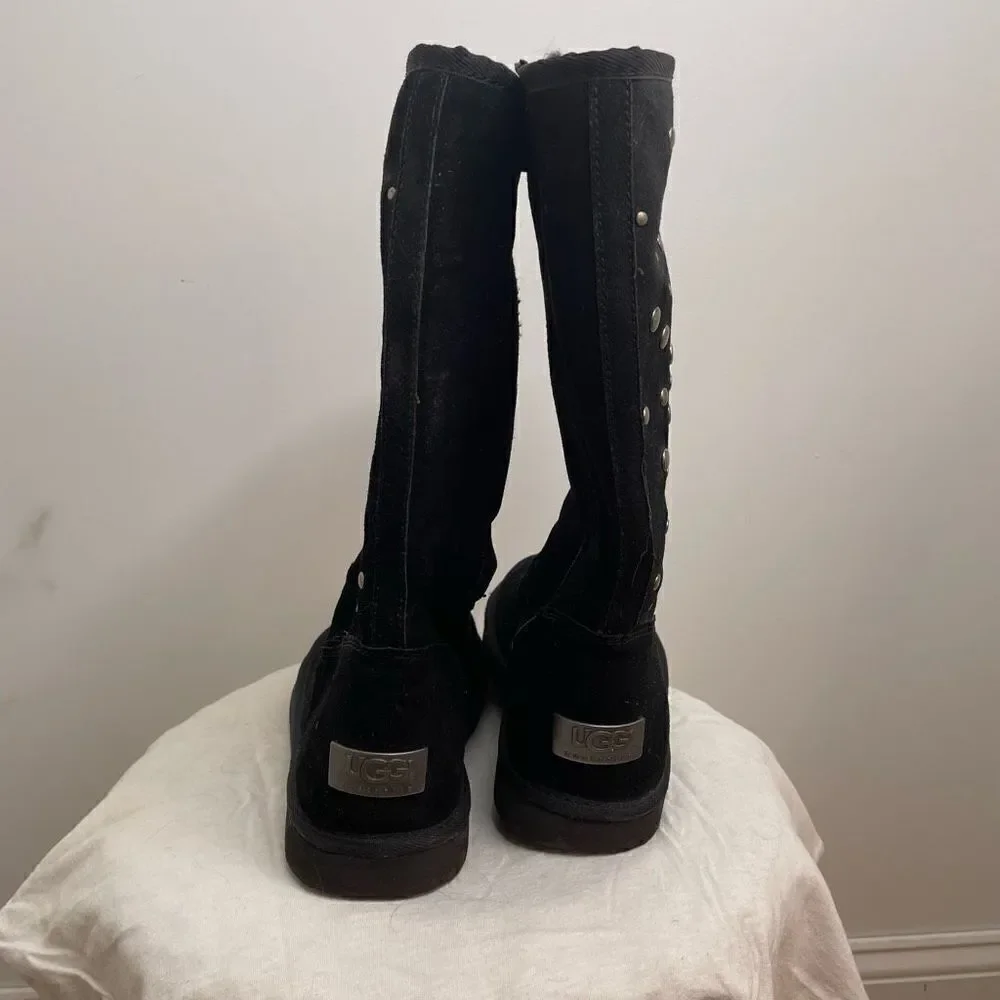 UGG Classic Rock Star Stud Tall Leather Sheepskin Shearling Winter Boots Black 7